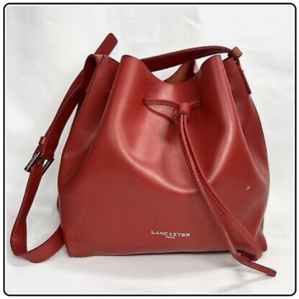 Vintage Lancaster Paris Red Bucket Drawstring Leather Handbag Great Condition